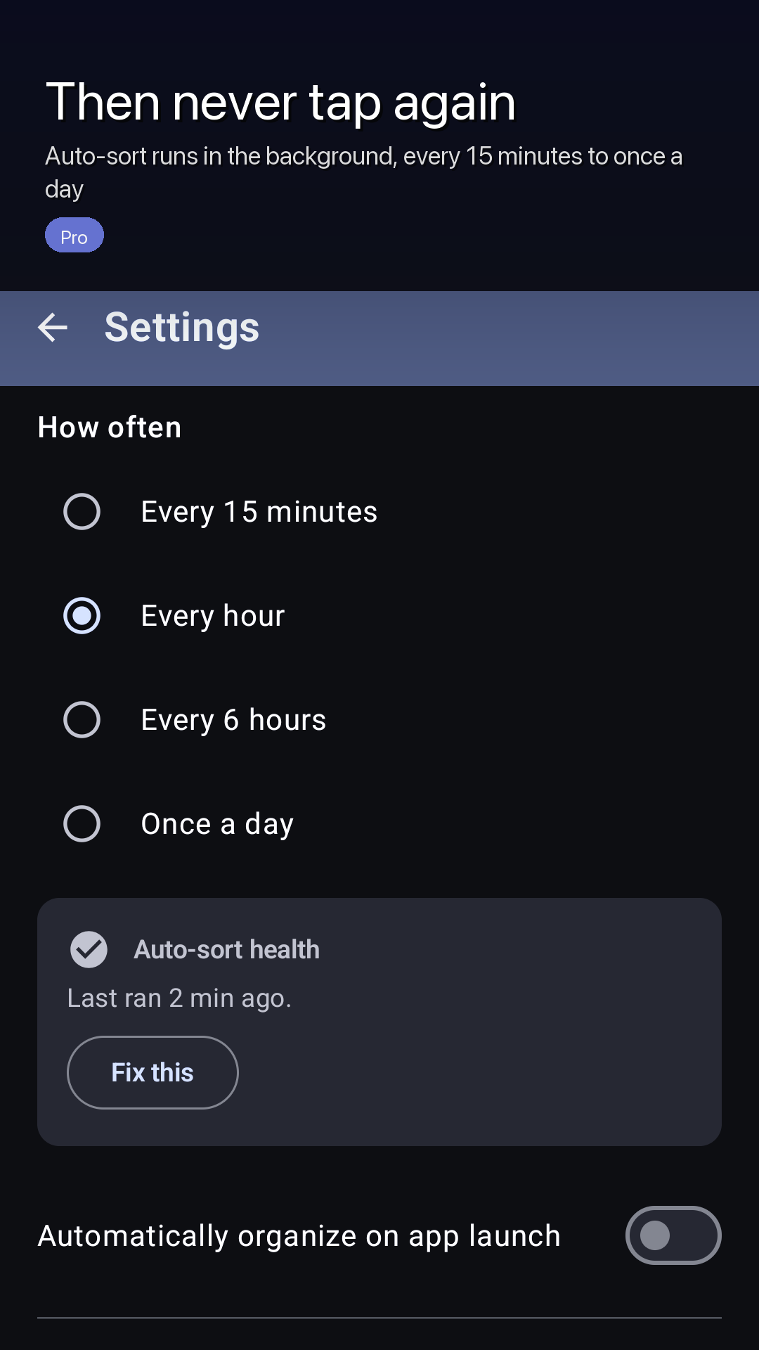Settings showing the auto-sort interval choices and an auto-sort health card